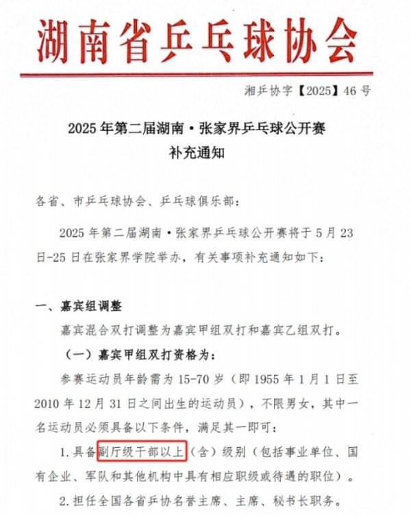 富旺配资 张家界乒乓球公开赛设干部职级门槛引关注，回应：仅限嘉宾组